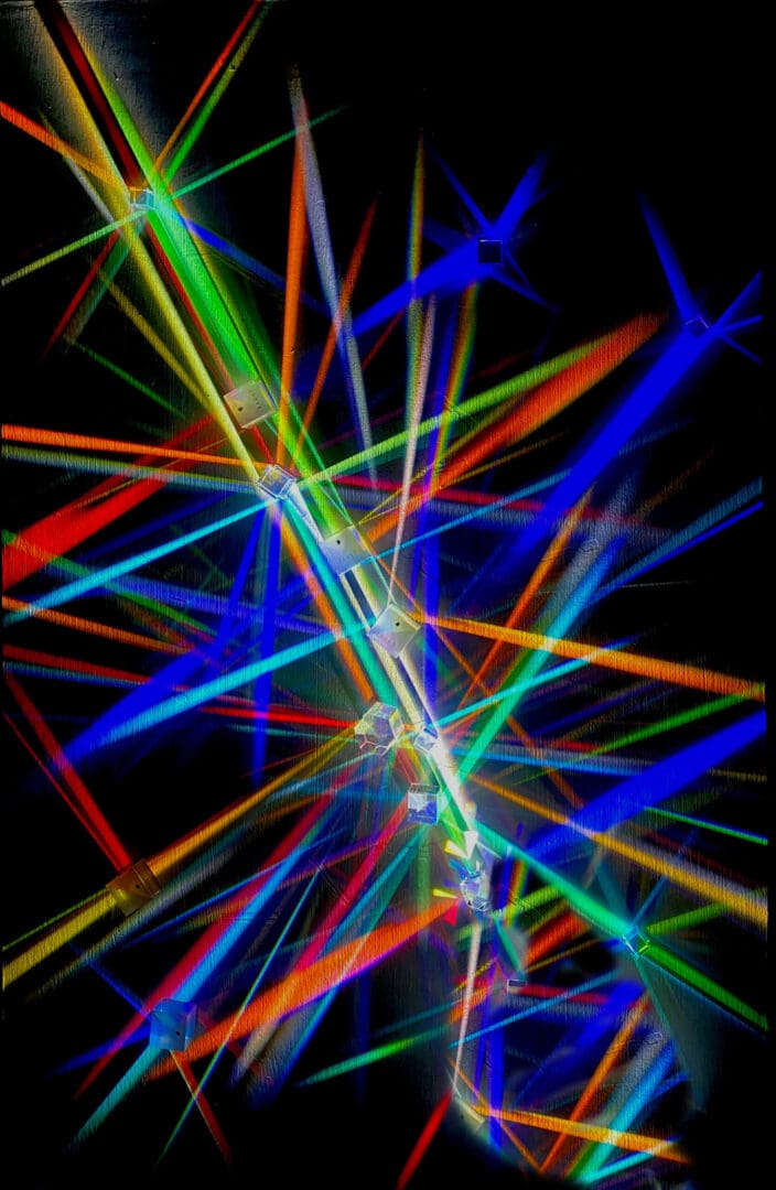 Colorful neon light beams intersecting on a dark background.