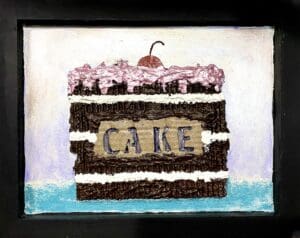 A slice of chocolate cake with pink frosting and a cherry on top.