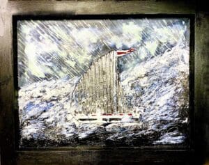 A snowy scene with a rustic wooden shed and a red flag on top.