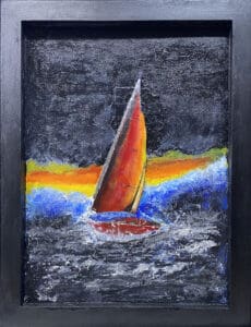 Sailboat painting with colorful sunset background.