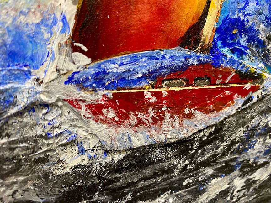 Abstract painting of a red boat.