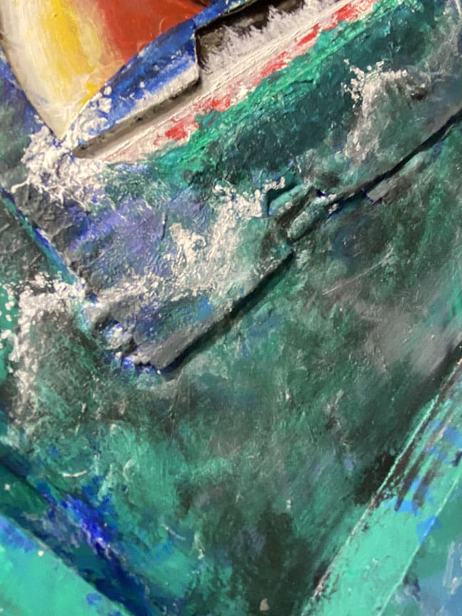 Abstract painting with bold green and blue.
