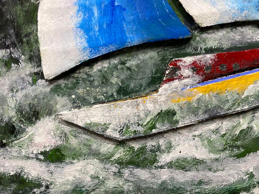 Abstract painting of ocean waves and boats.