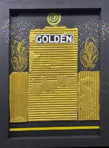 Golden textured artwork with abstract decorations.