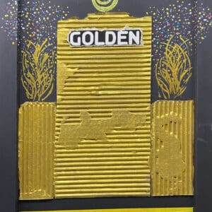 Golden textured artwork with abstract decorations.