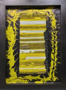 Abstract painting with yellow and black layers.