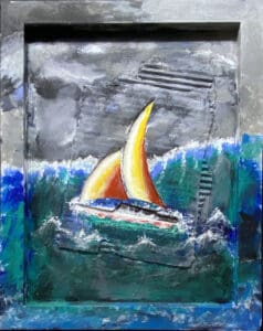 Sailboat navigating through stormy ocean waves.