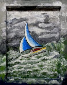 Sailboat on stormy sea in painting.