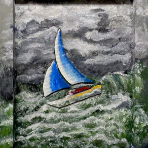 Sailboat on stormy sea in painting.