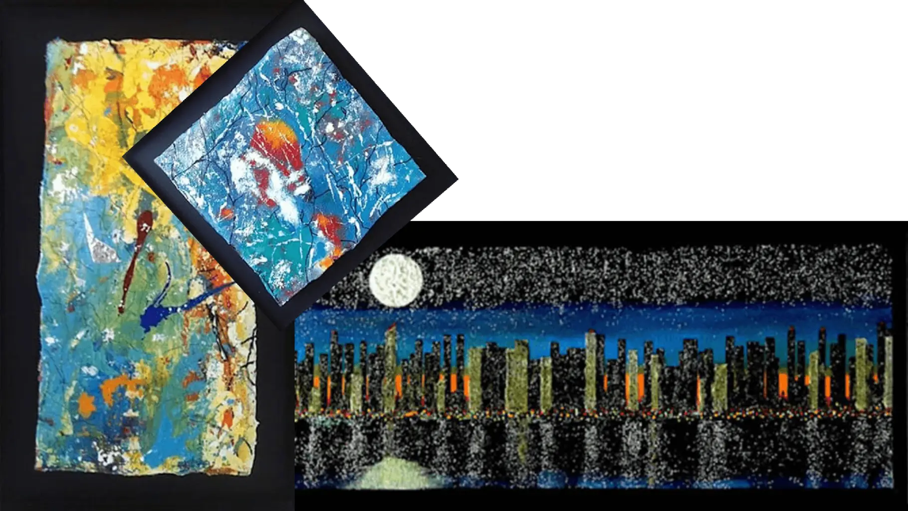 Abstract artwork with cityscape and colorful geometric shapes on black background.