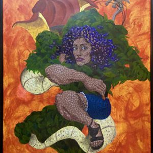 Surreal colorful painting of woman with purple hair