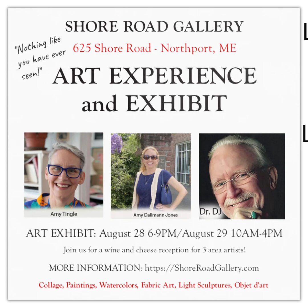 Art exhibit announcement with featured artists' portraits.